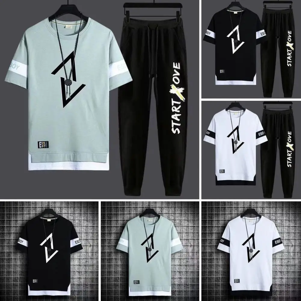 

Men T-shirt Pants Set Men's Casual Letter Printing T-shirt Wide Leg Sweatpants Set for Sportswear Quick Drying Elastic