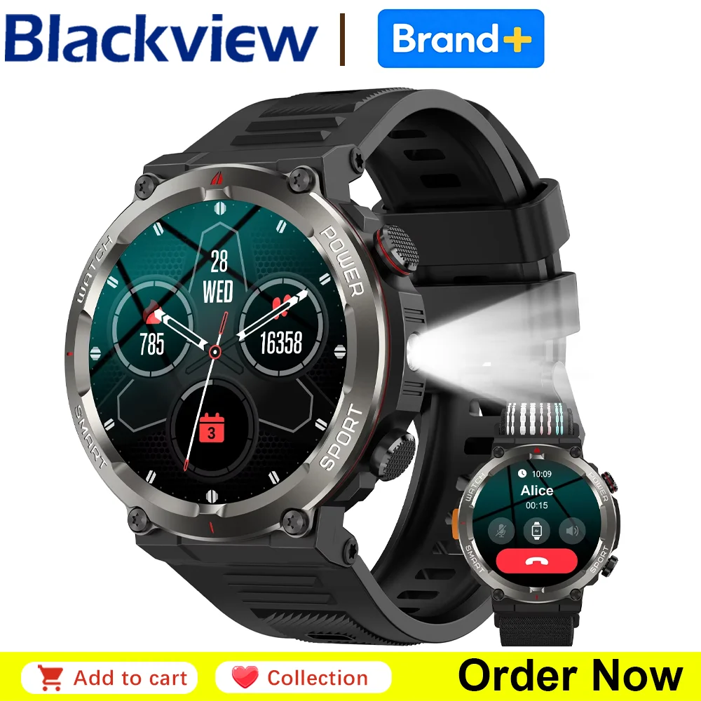 ساعة ذكية خارجية Blackview W50Pro مع مصباح LED وبطارية 960 مللي أمبير واتصال بلوتوث ومقاومة للماء IP67 وتتبع للياقة البدنية، هدية للرجال