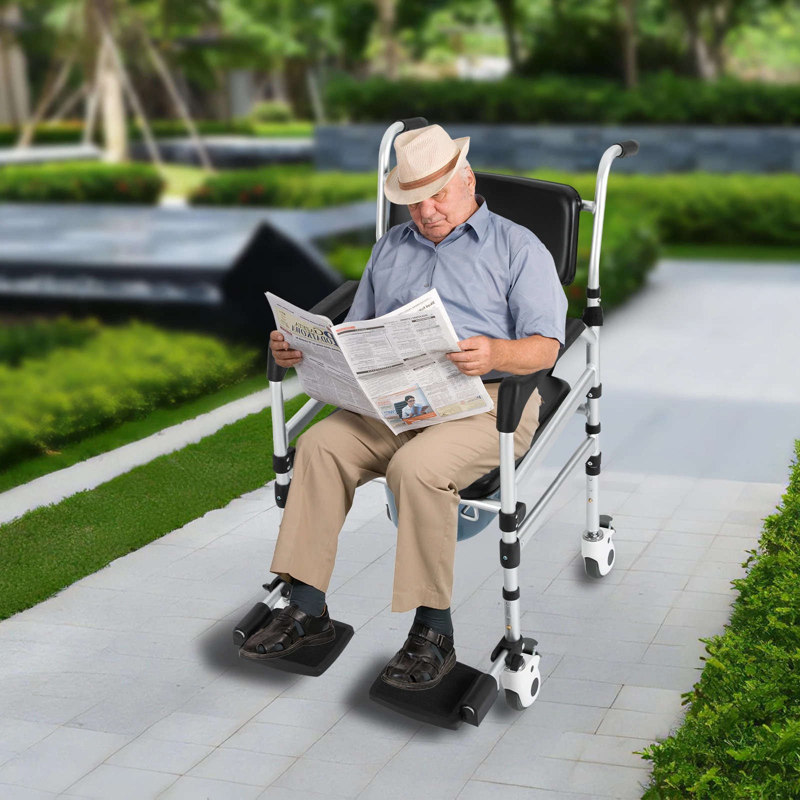 Shower Chair Rolling Commode Seat for Toilet with Arms, Adjustable Height Folding Bath Wheelchair for Elderly, Disabled, Injured 2