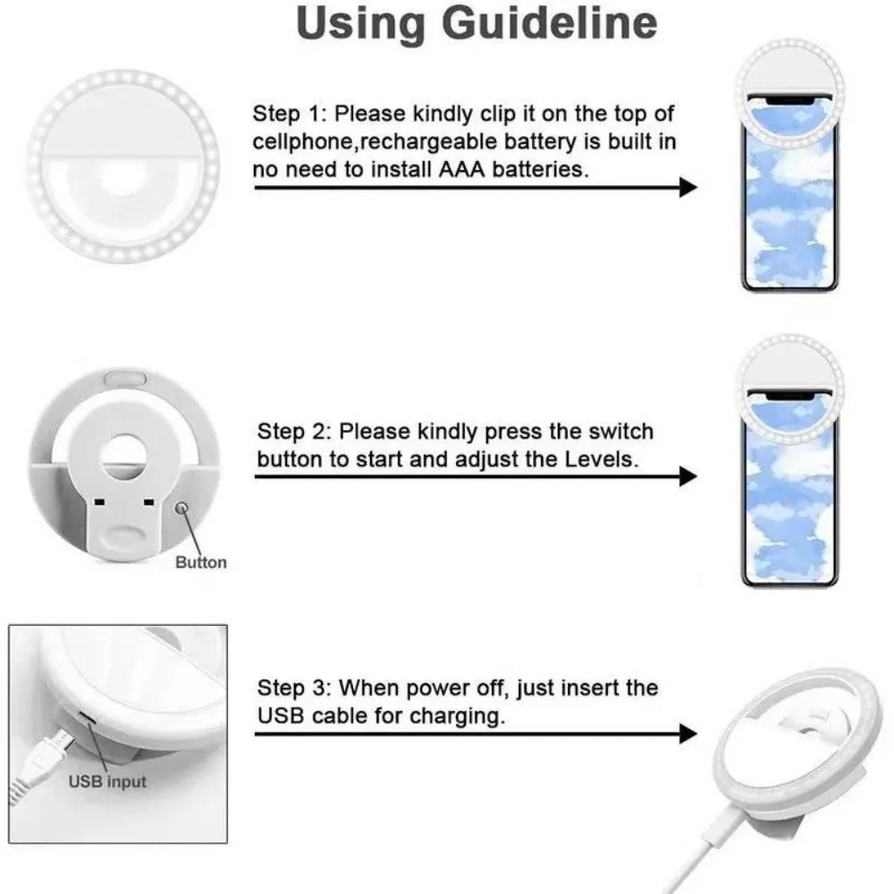 Selfie Ring Light USB Rechargeable Portable Circle Clip-on Led Selfie Fill Light for iPhone Android Smart Phone Girl Makes up