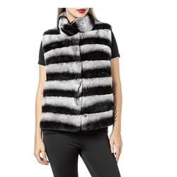 Real Natural Real Rex Rabbit Fur Vest Stripes Chinchilla Fur Coats 2023 New Women Waistcoat 210737