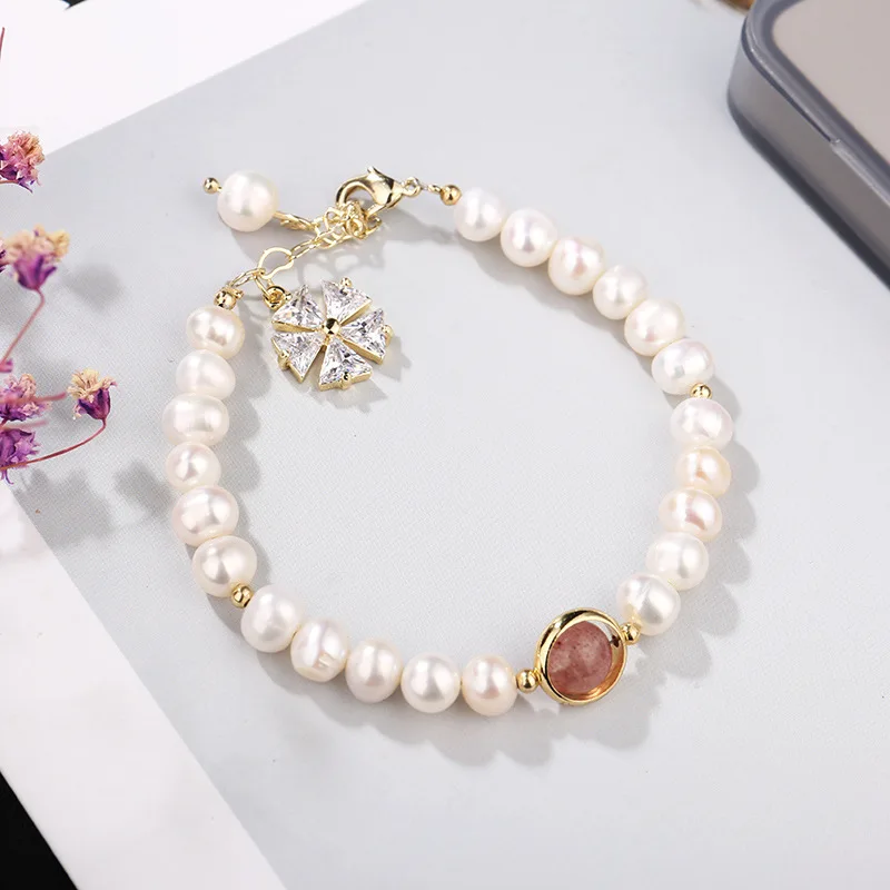 100% Natural Freshwater Pearl & Strawberry Quartz Sweet Shiny CZ Zircon Flower 14K Gold Filled Female Charm Bracelet Gifts