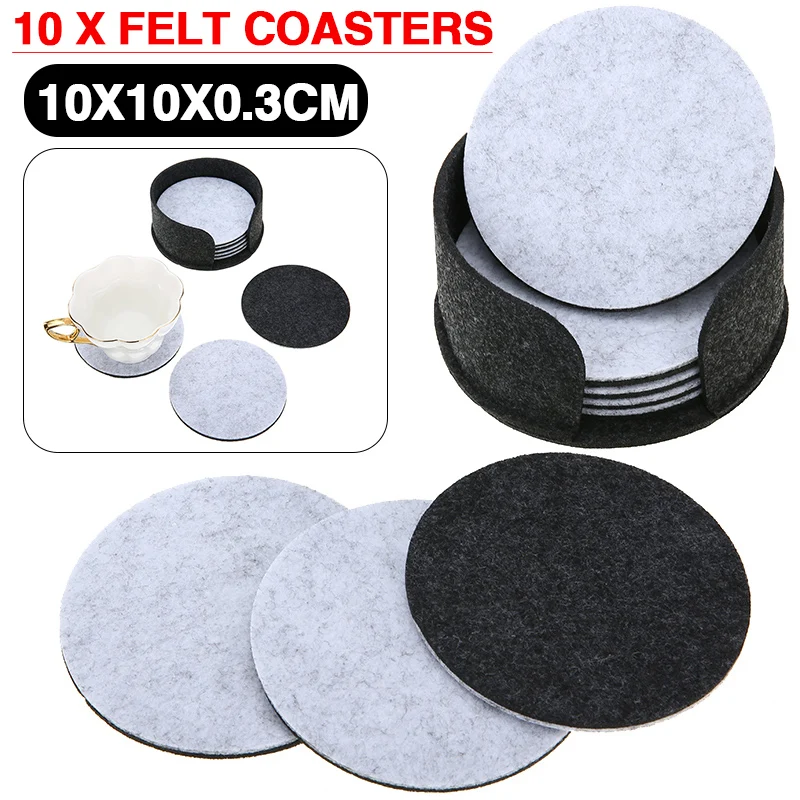 10pcs Round Felt Drinking Glass Coasters Tea Cup Pads Mat Holder Set