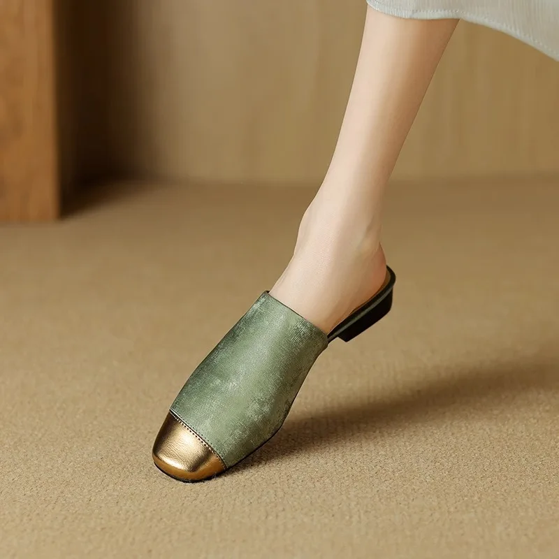 Women's Flat Bottom Real Leather Sandals Summer New Thick Heel Cap Toe Half Slip Cool Mule Shoes Slip-On Casual Flats - 4