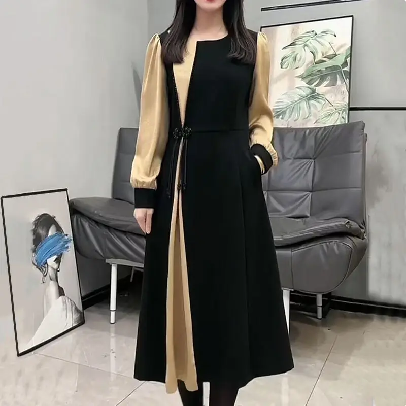 Buckle Chinese Style Western Splicing Medium Long Fake Two Pieces Fashion Belly Covering Slim Age Reducing A-line Dresses