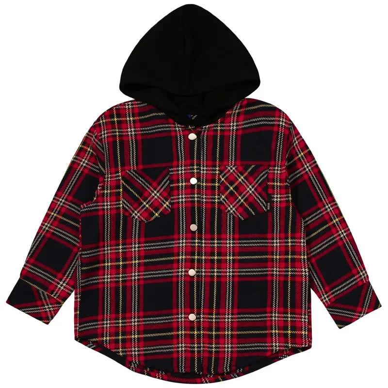 EKchildren's Wear Spring Autumn Plaid Hooded Cotton T-shirt Boys Pure Cotton Loose-Fit Unique Medium Large Children Trendy Cool