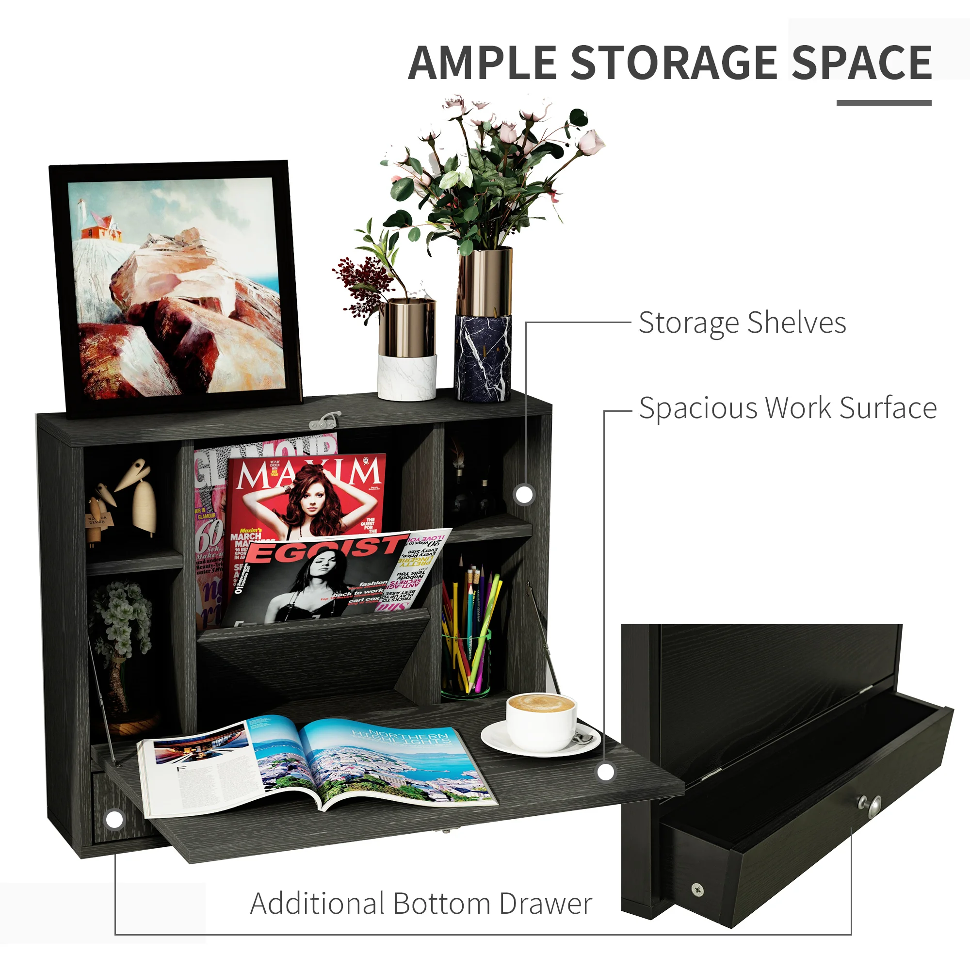 Black Wall Mount Wood Foldable Desk Children Table Desk Workstation 3