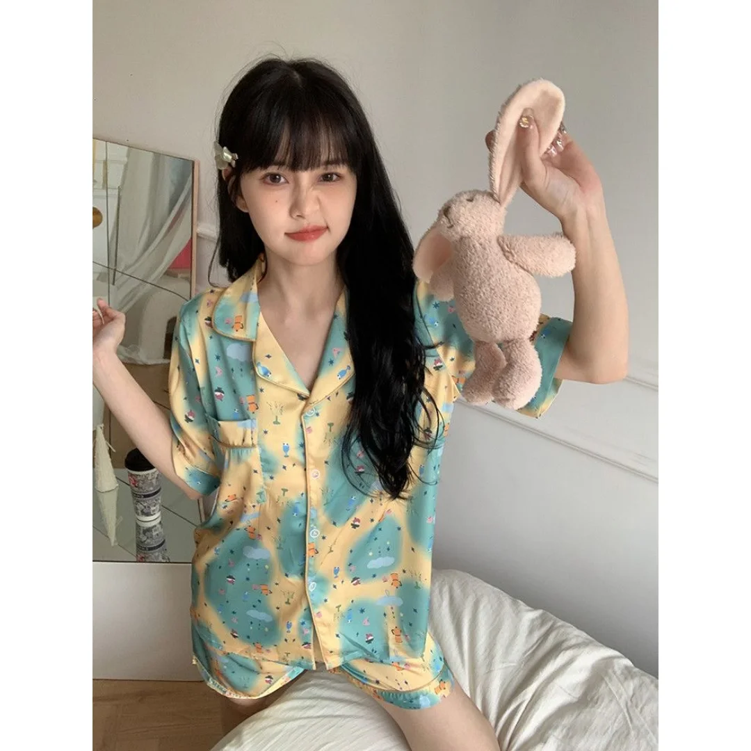 Short Sleeve Lounge Wear Pajamas Women Sleepwear Pyjamas Sleepwear Cotton With Pockets Sleep Nightwear Women's Heart Sets