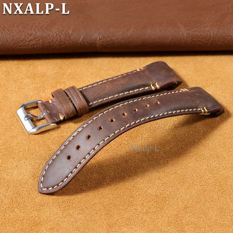 Premium Curved End Leather Watch Band - Handmade Oil Wax Cowhide with High-Quality Stitching (20mm/22mm)
