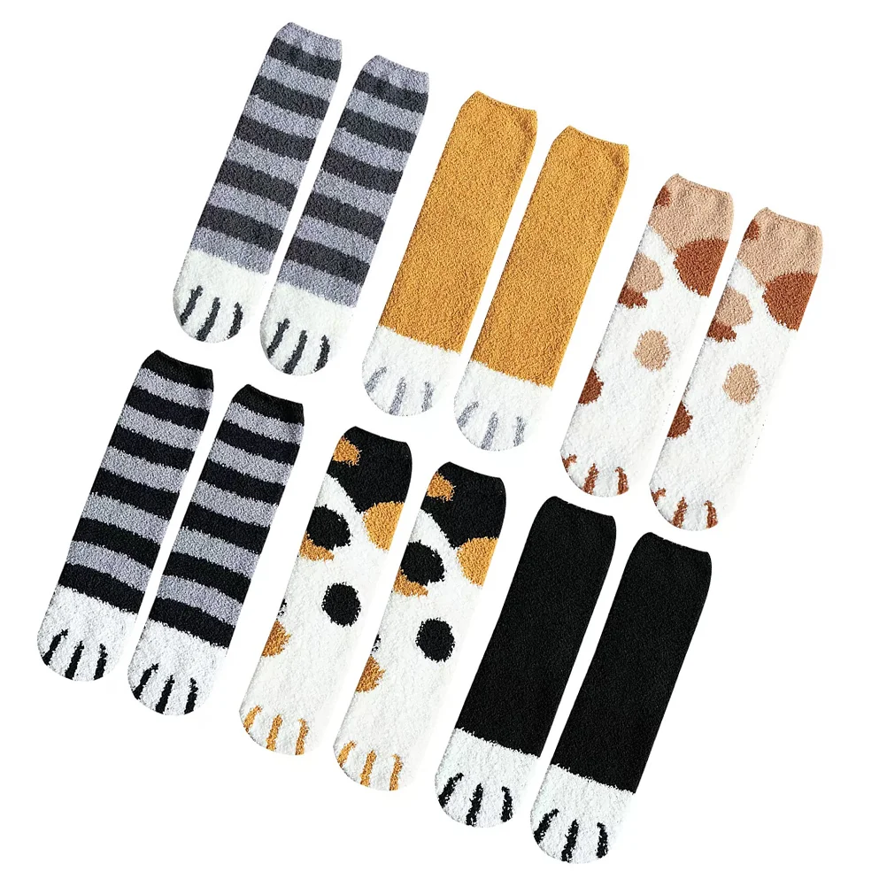 

6 Pairs Coral Fleece Floor Socks Animal Slippers Fuzzy Bed Stockings Cat Paw Pattern Fluffy Girl Thicken Sleep Women's Miss