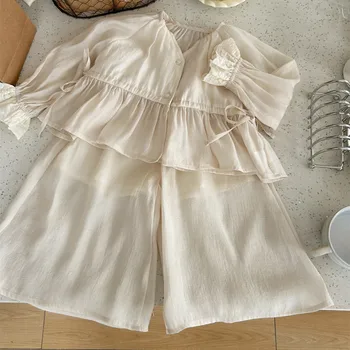 Vestiti per bambina per bambini Completi per bambini Completi per ragazze Set di vestiti estivi per bambini Camicetta con bottoni + Pantaloni a gamba larga Abito da 2 pezzi