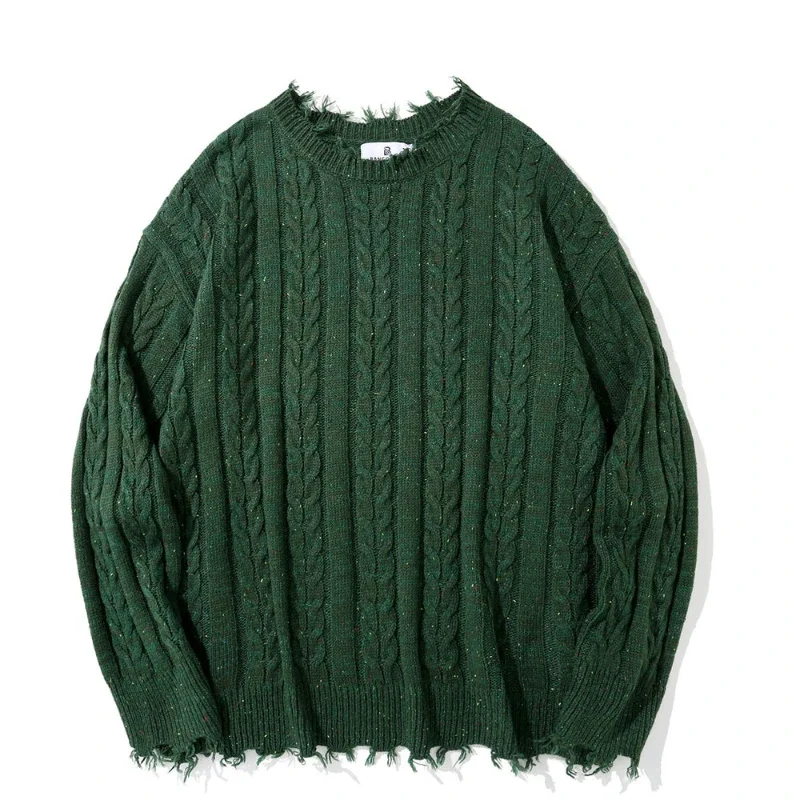 

Solid Color Jacquard Twist Torn Edge Sweater Men's High Street Loose Round Neck Sweater Street Pullover Bottoming Shirt Warm