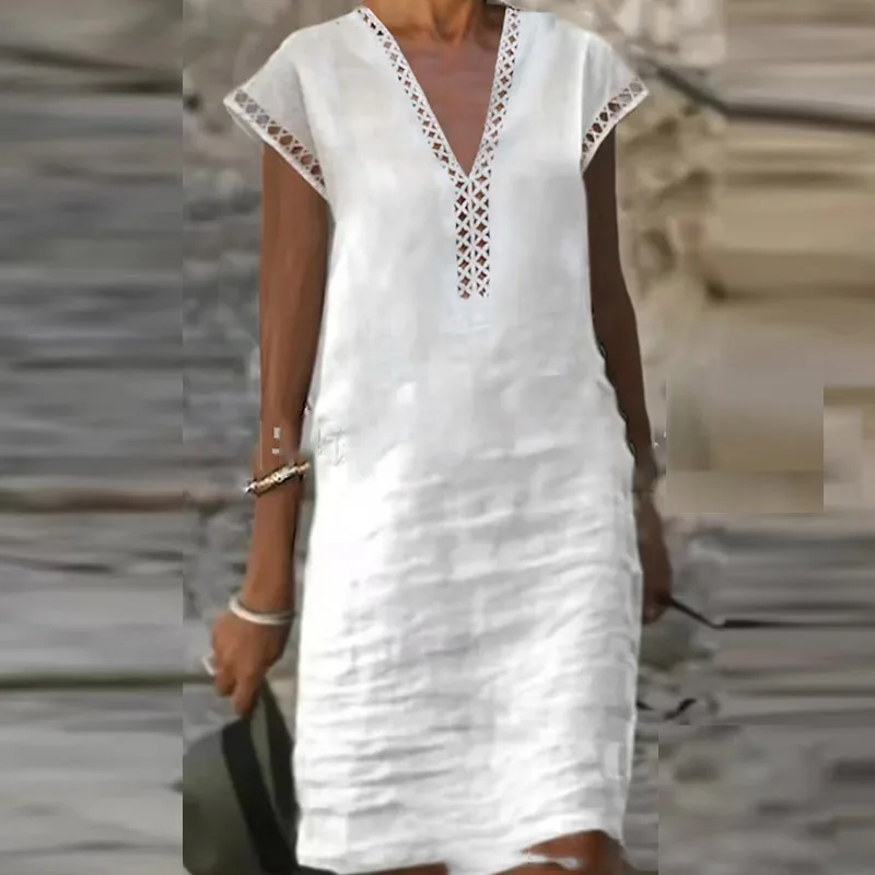 Robe mi longue droite en coton et lin pour femme tenue de bureau decontractee col en V manches courtes ajouree ete 2023 AliExpress