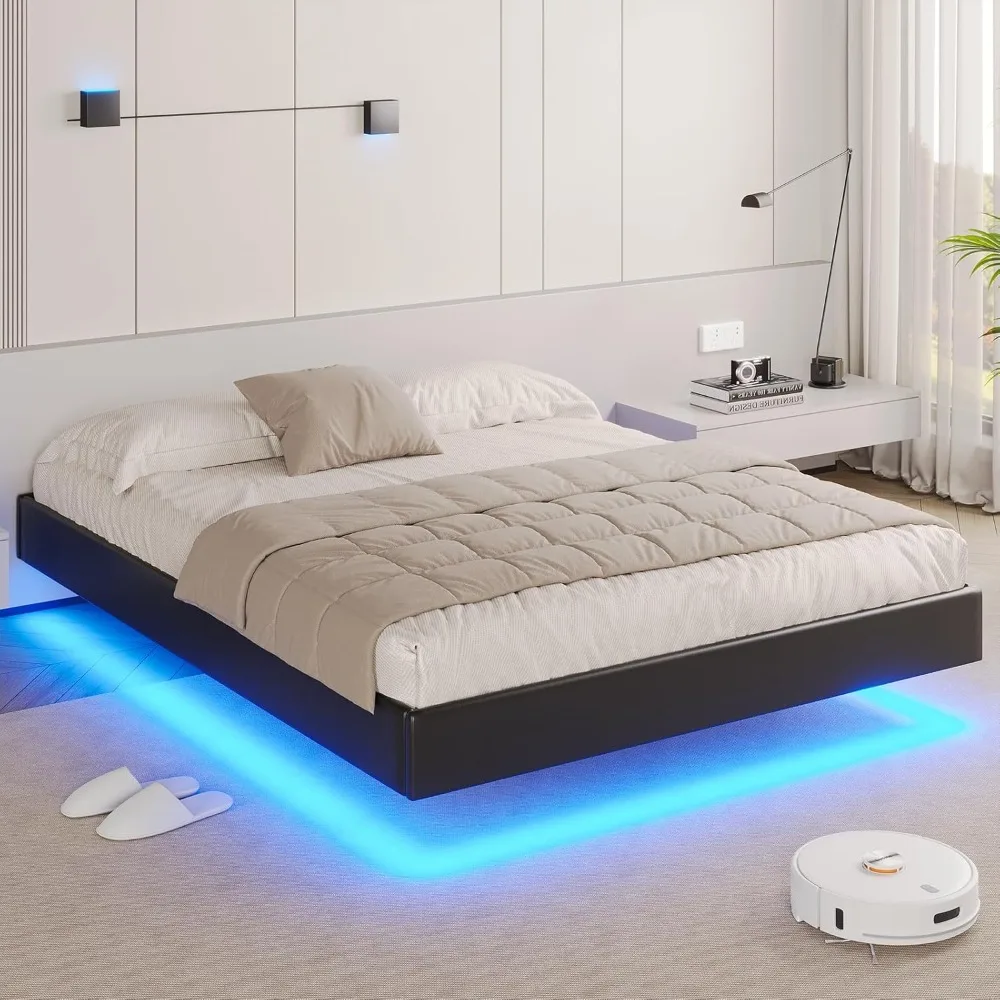 Floating Bed Frame with LED Lights Modern Upholstered Platform Bed Frame no Headboard Faux Leather Queen Led Visual Floating Bed