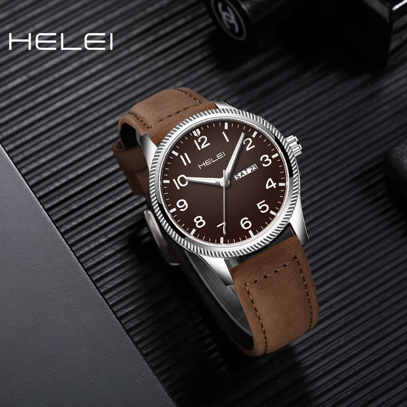 HELEI2024 Fashion Men's Belt Pointer Casual Men's Quartz Watch Leather Strap Calendar Week Display Waterproof Men's Watch
