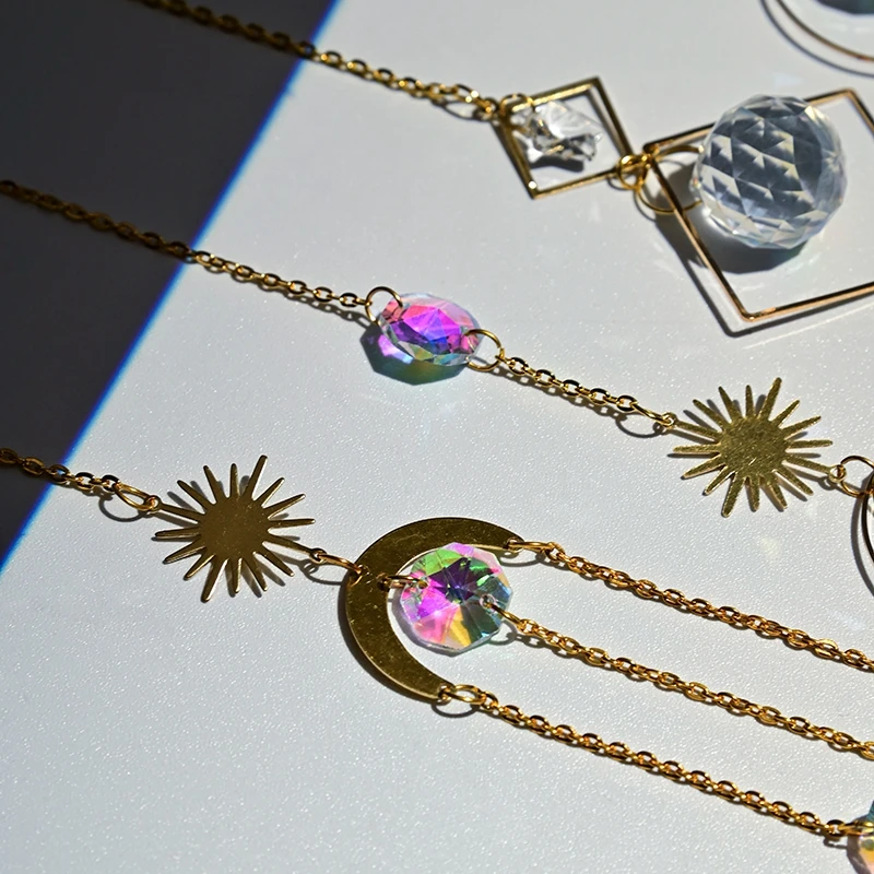 Crystal Moon Sun Catchers Hanging Prisms Pendant Rainbow Chaser Home Decor DIY Dream Catchers Hanging Drop Wind Chimes