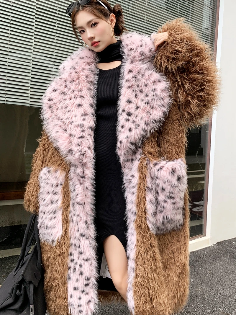 Stylish Khaki Faux Fur Coat Long Style Lapel Jacket Women's Winter Clothing Free Shipping