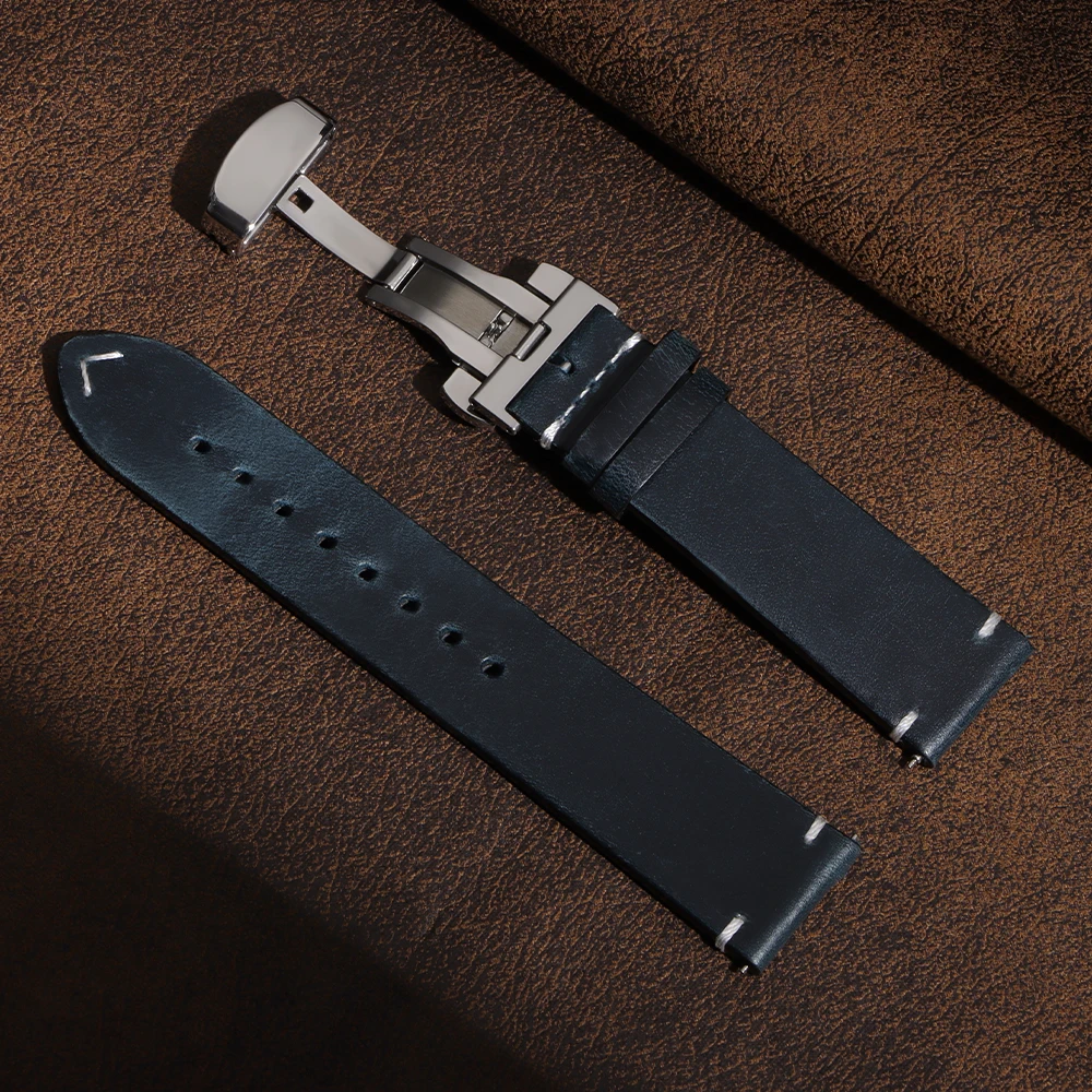 Vintage Soft Oil Wax Leather Watch Strap with Butterfly Buckle and Quick Release