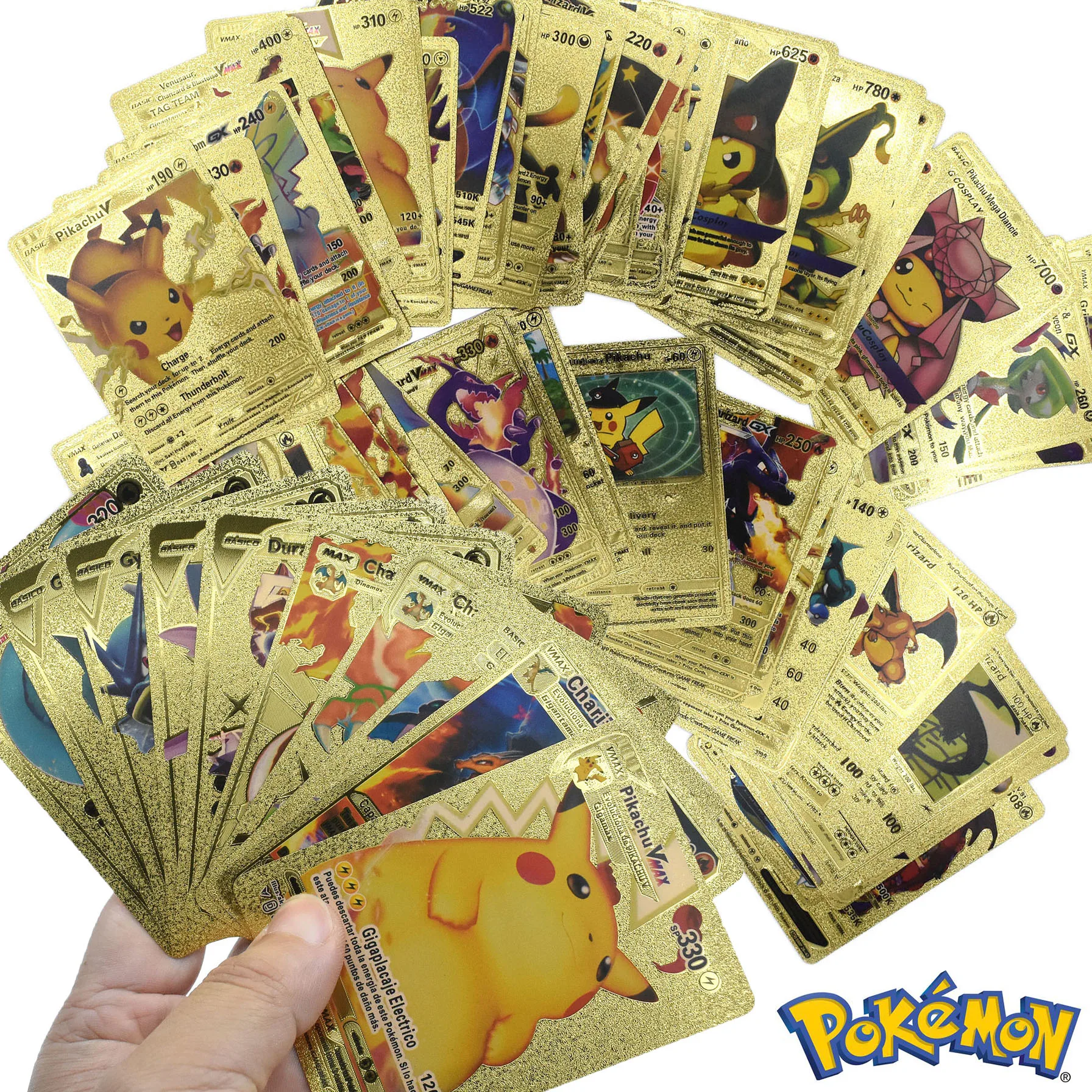 Cartes Pokémon Vmax GX en métal doré et argenté pour enfants, Charizard, Pikachu, Rare