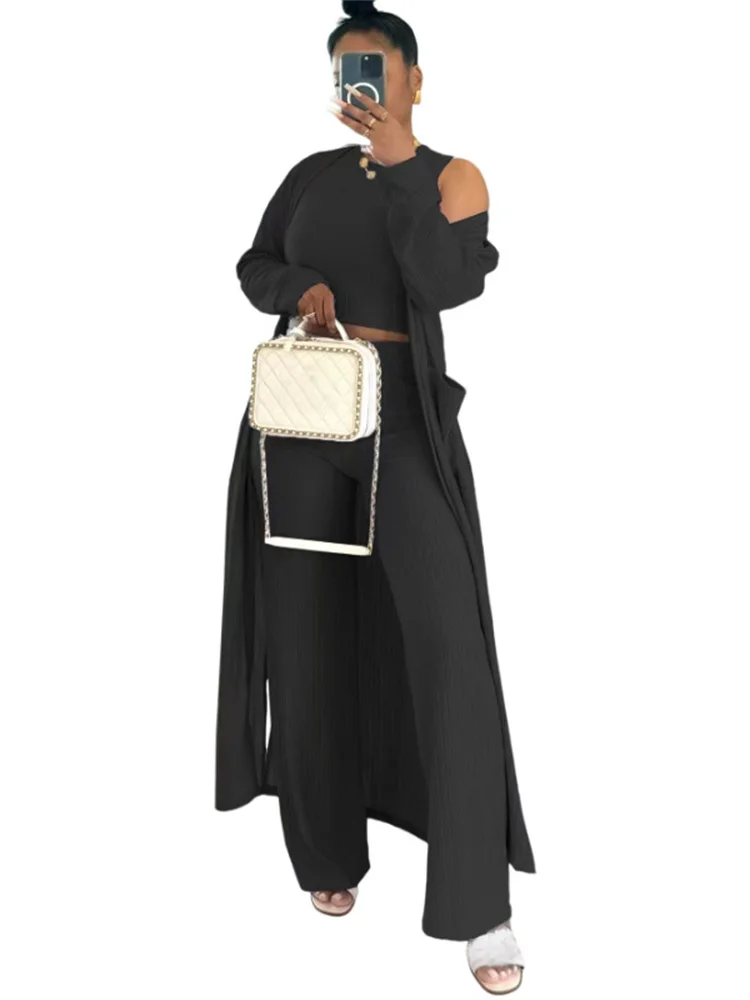 Wmstar Women Three Piece Set Autumn Fashion Solid Color Casual Long Sleeve Vest Wide Leg Long Pants Lady Outfit Work Tracksuit