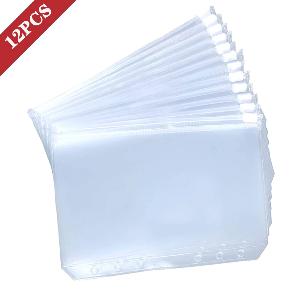 PVC 지퍼 바인더 폴더, 6 링 공책, 파일 보고서 포켓, 편리하고 투명, A5 A6 A7, 12 개