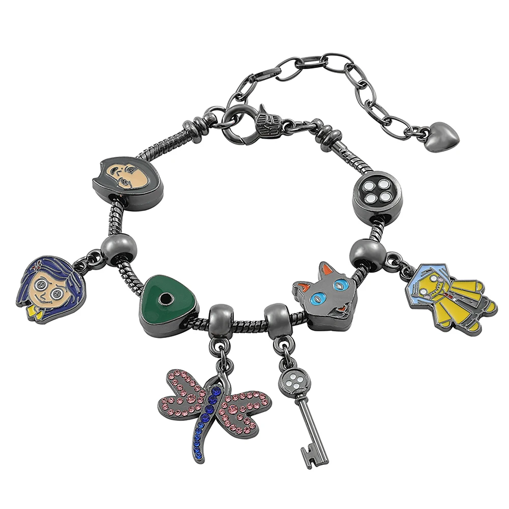 Close view of bracelet charms with gothic aesthetic