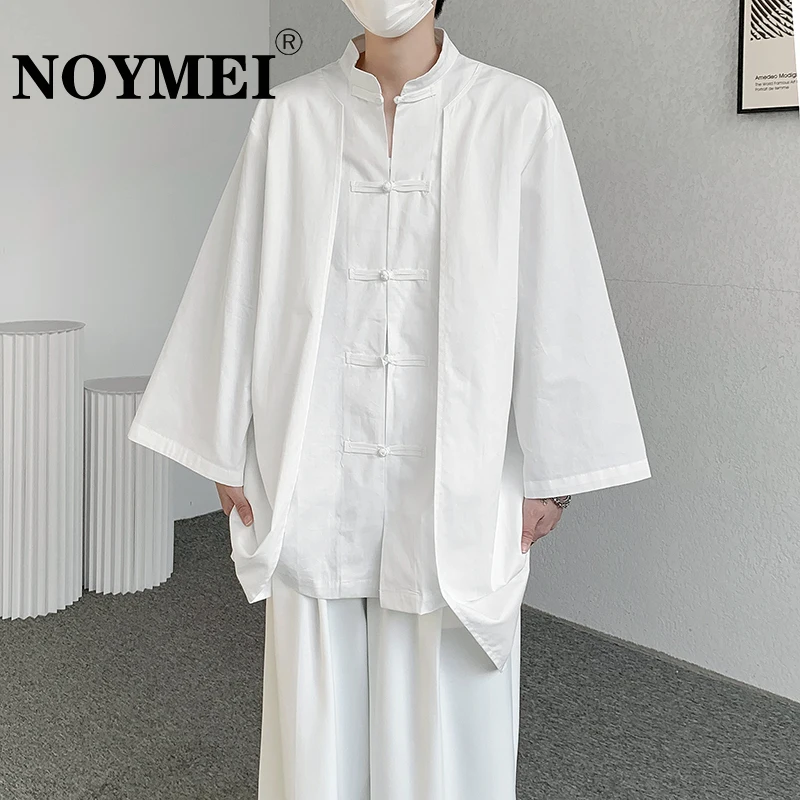 

NOYMEI Chinese Style Knot Button Solid Color Round Neck Trendy 2024 Summer New Shirt Sunscreen Male Top Chic Casual WA3923