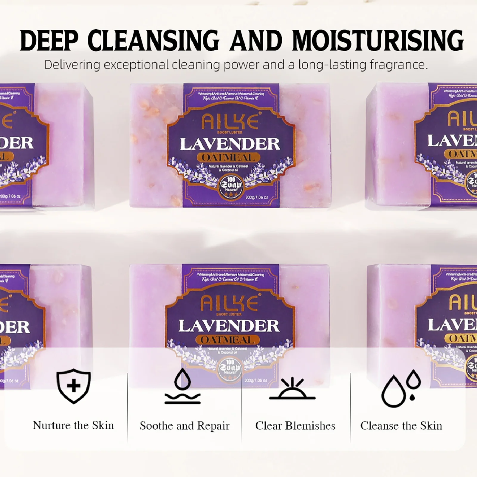 AILKE Lavender Oatmeal Whitening Soap Bar, Clean Skin, Anti Acne, Black Spots, With Coconut Oil, For All Skin Types, 200g