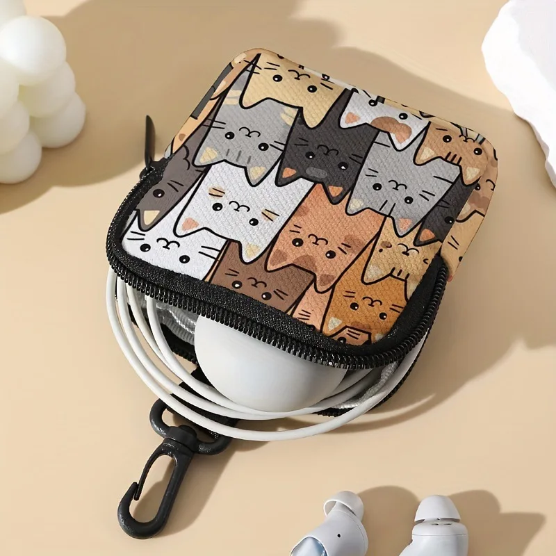 Cartoon Cat Printed Faux Leather Coin Purse Zipper Storage Bag Multi-functional Earphone Pouch