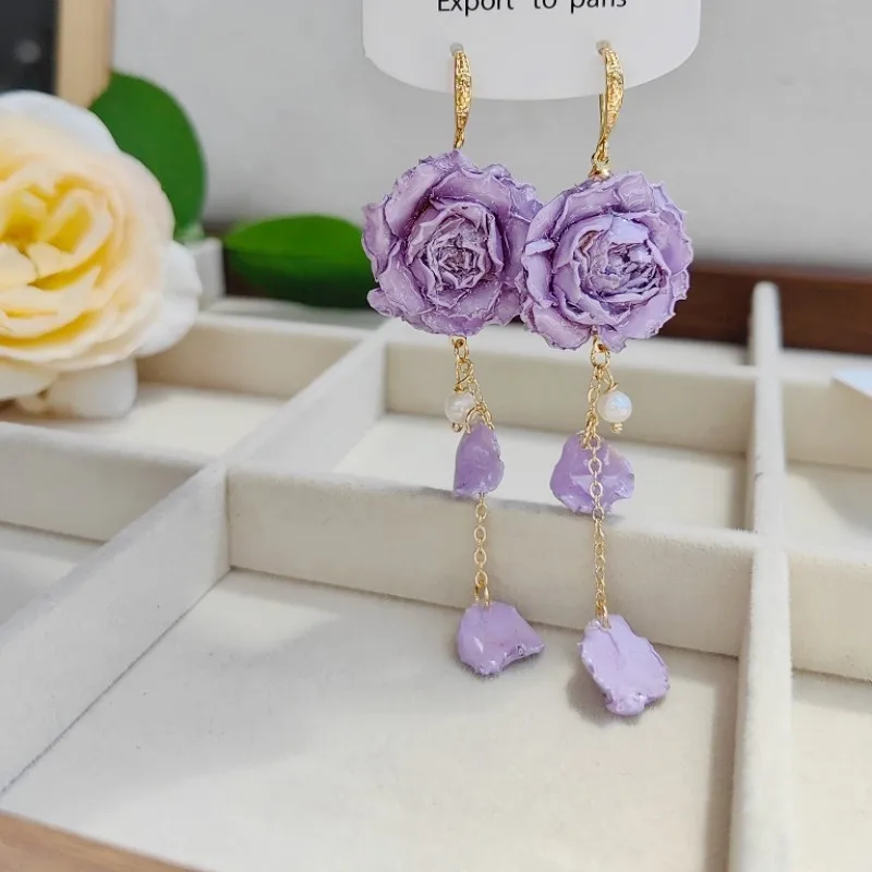 Elegant Immortal Rose Long Earrings Epoxy Resin Real Rose Flower 3
