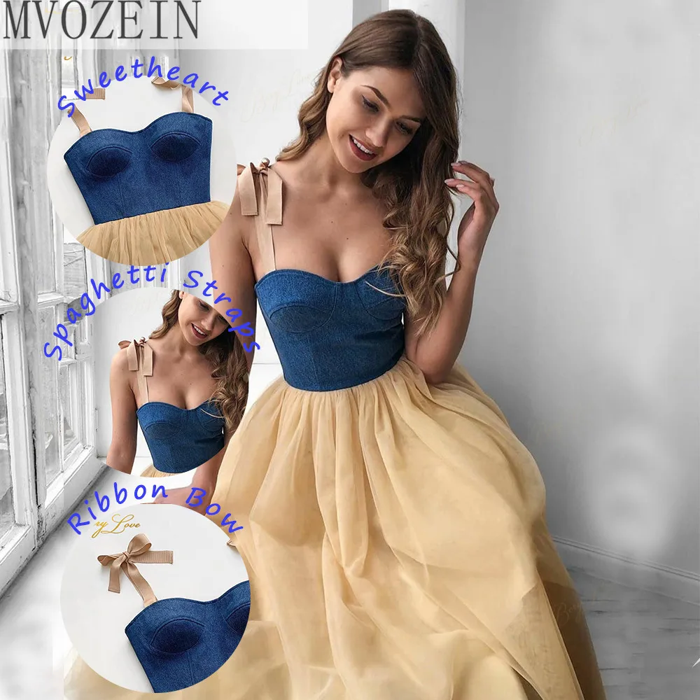 

Real Photo Prom Dresses Sweetheart Spaghetti Straps Denim Evening Gown Tea Length Evening Dresses Short Tulle Homecoming Dresses