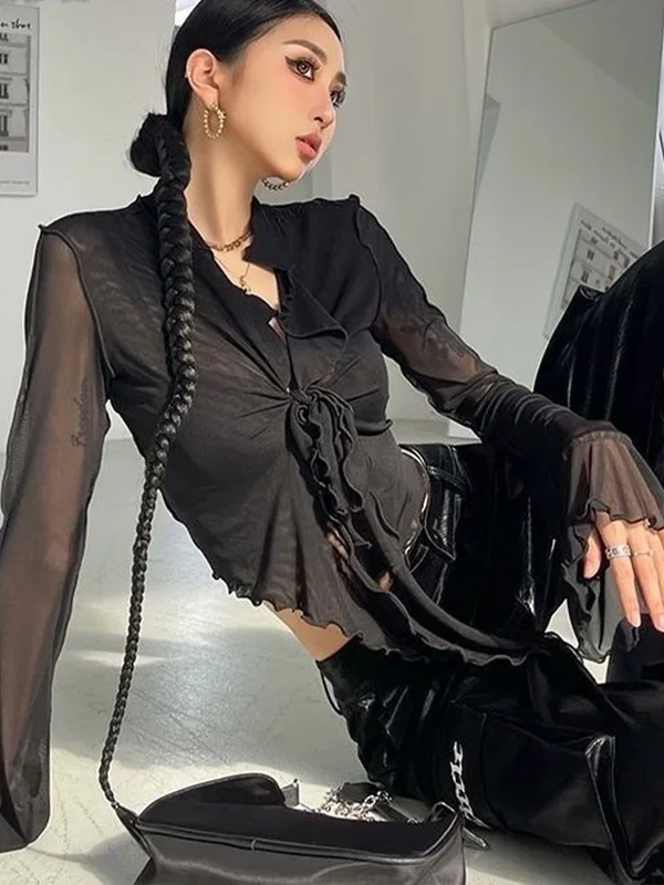 Long Flare Sleeve Blouses for Women Lace-up Mesh Sexy