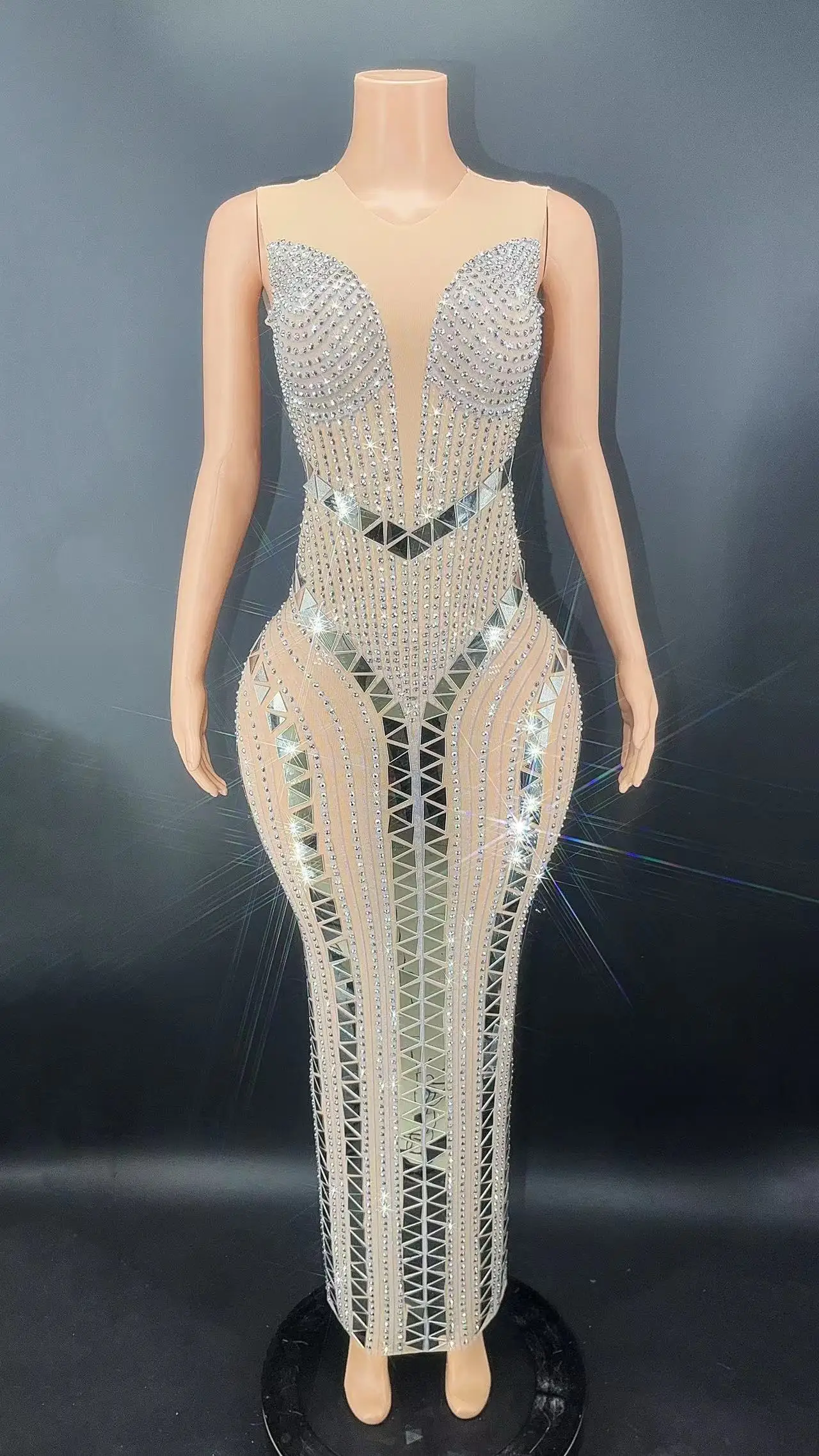 Women's Rhinestone Mesh Long Dress - Sleeveless Sheer Evening Gown For Prom, Party, Birthday, S-XL Sizing - View #11