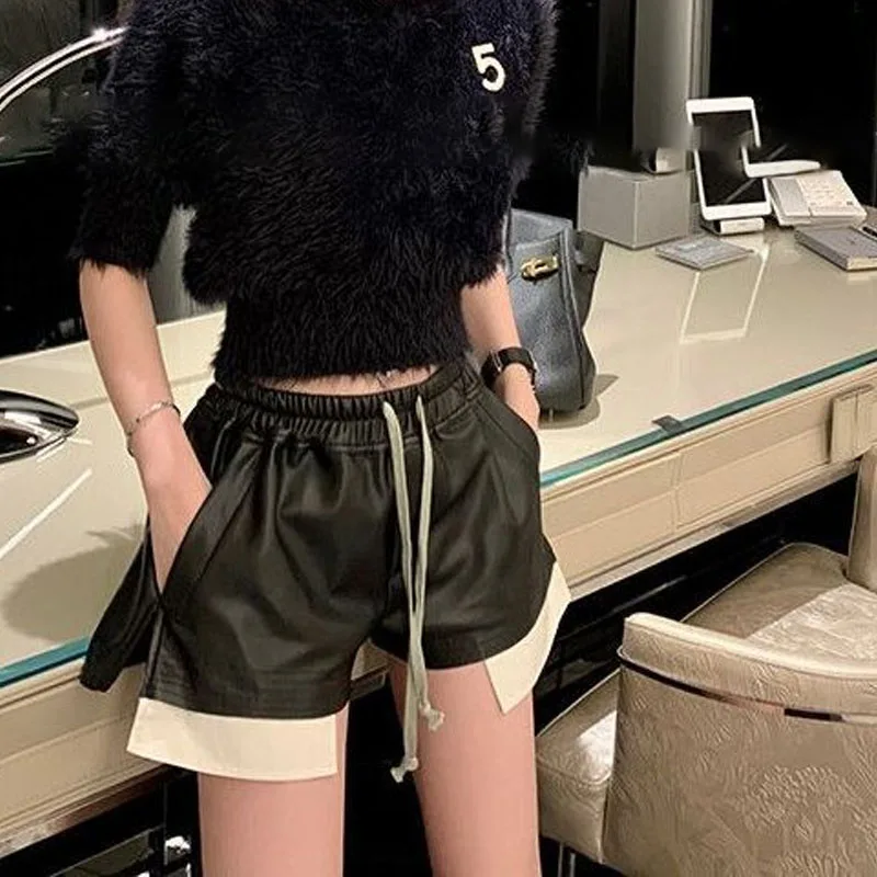 Temperament Casual Patchwork Split Leather Shorts Summer Women's Clothing Fashion Loose Straight Drawstring Pants for Female