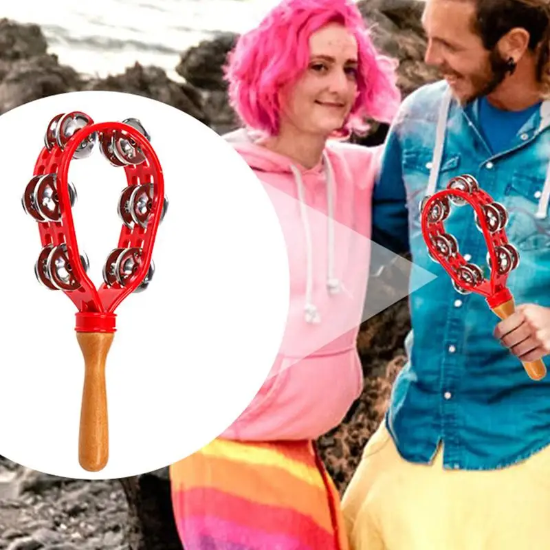 Tambourine Hand Held Drum Wooden Handle Safe Handheld Tambourine Rustproof Waterproof Percussion Instrument Eco-Friendly Design