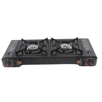 Stufa da tavolo portatile in ghisa con piano cottura a gas doppio con accensione elettronica per campeggio all'aperto e hotel 1