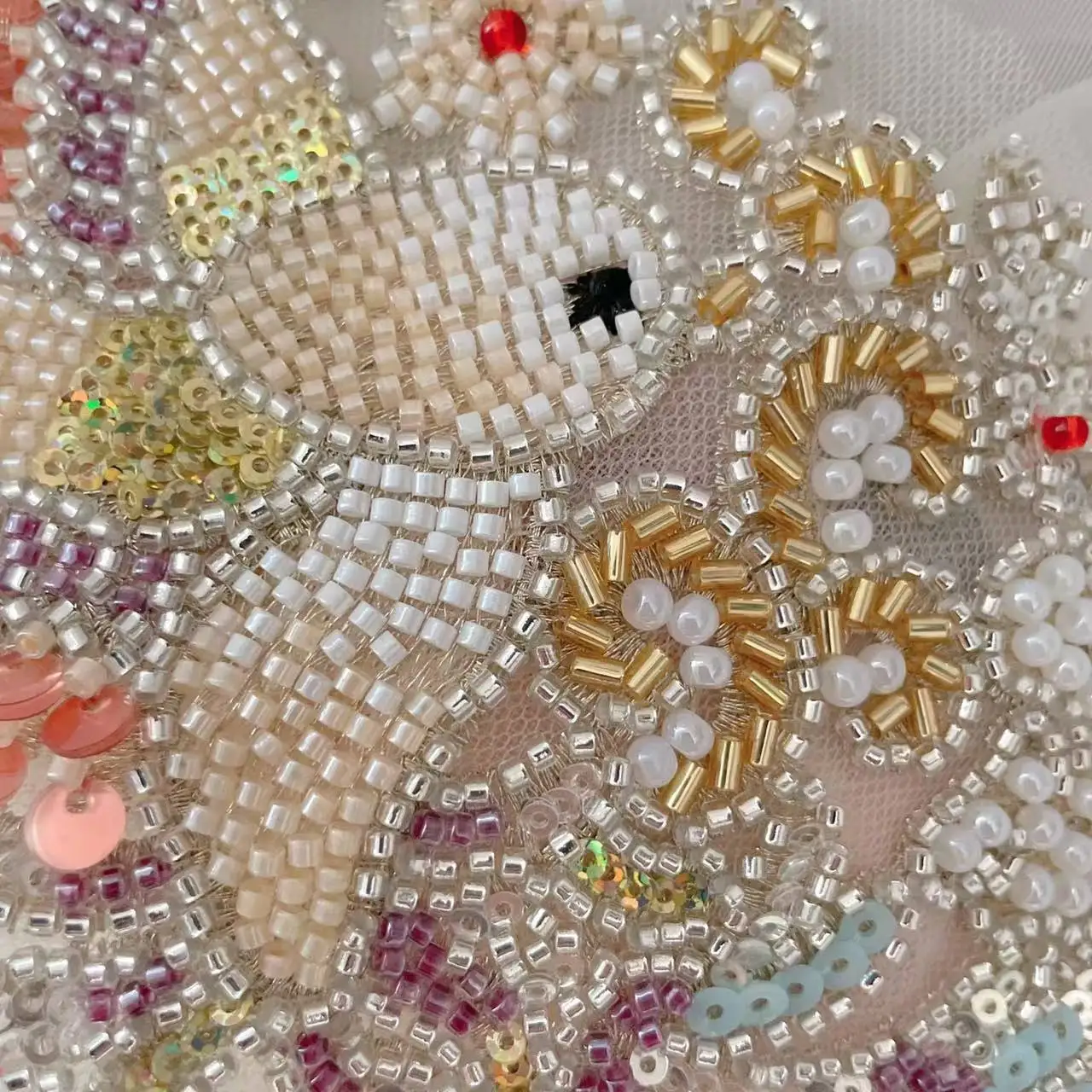 Champagnerfarbenes Netz, Perlenstickerei, Spitze, Vogel bis Blume, Bühnenkostüme, Accessoires RS24642 – Detail 4