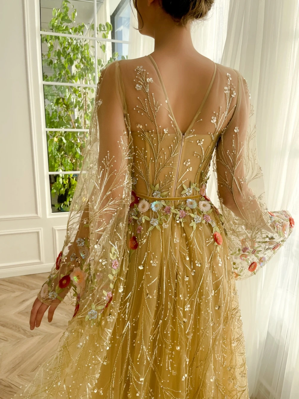 Flowers Yellow Evening Dress Charming Sequins Pearls A Line Party Prom Gown  | eBay