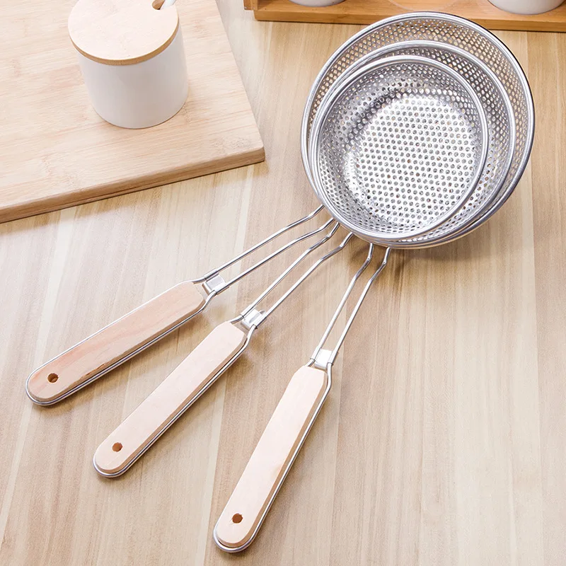 

Stainless Steel Mesh Colander with Wooden Handle Food Strainer Filter Spoon Noodle Drainer Dumplings Flour Sieve Hot Pot Skimmer