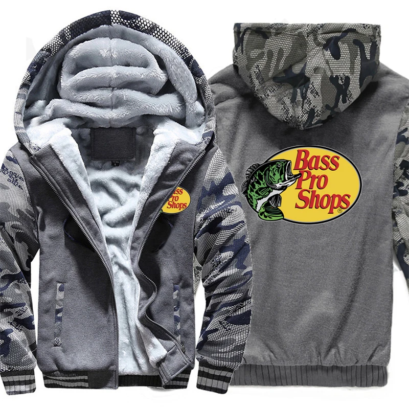 Bass Fishing Hoodies Men Coat Winter Warm Fleece Bass Fish Sweatshirts Jacket 5