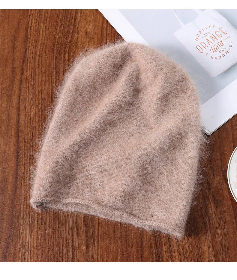 Frauen 100% Wolle Plüsch Gestrickte Beanie Lange Flusen Hut Einfache Feste Kappen Gerollt Saum Weiche Wolle Winter Warme Haar Motorhaube – Detail 7
