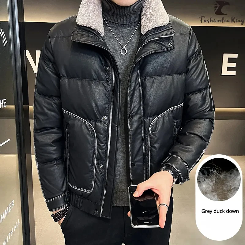 

New Winter Men's Leather Down Jacket Slim Fit Thick Warm Black Coat Male Thickening Collar Coats
