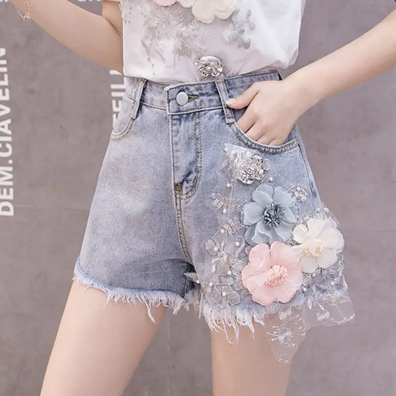 Y2K Womenswear Trends Denim Shorts Embroidery Grunge Beading Summer Loose Slim High Waist Flower Short Hot Zipper Fashion Pants