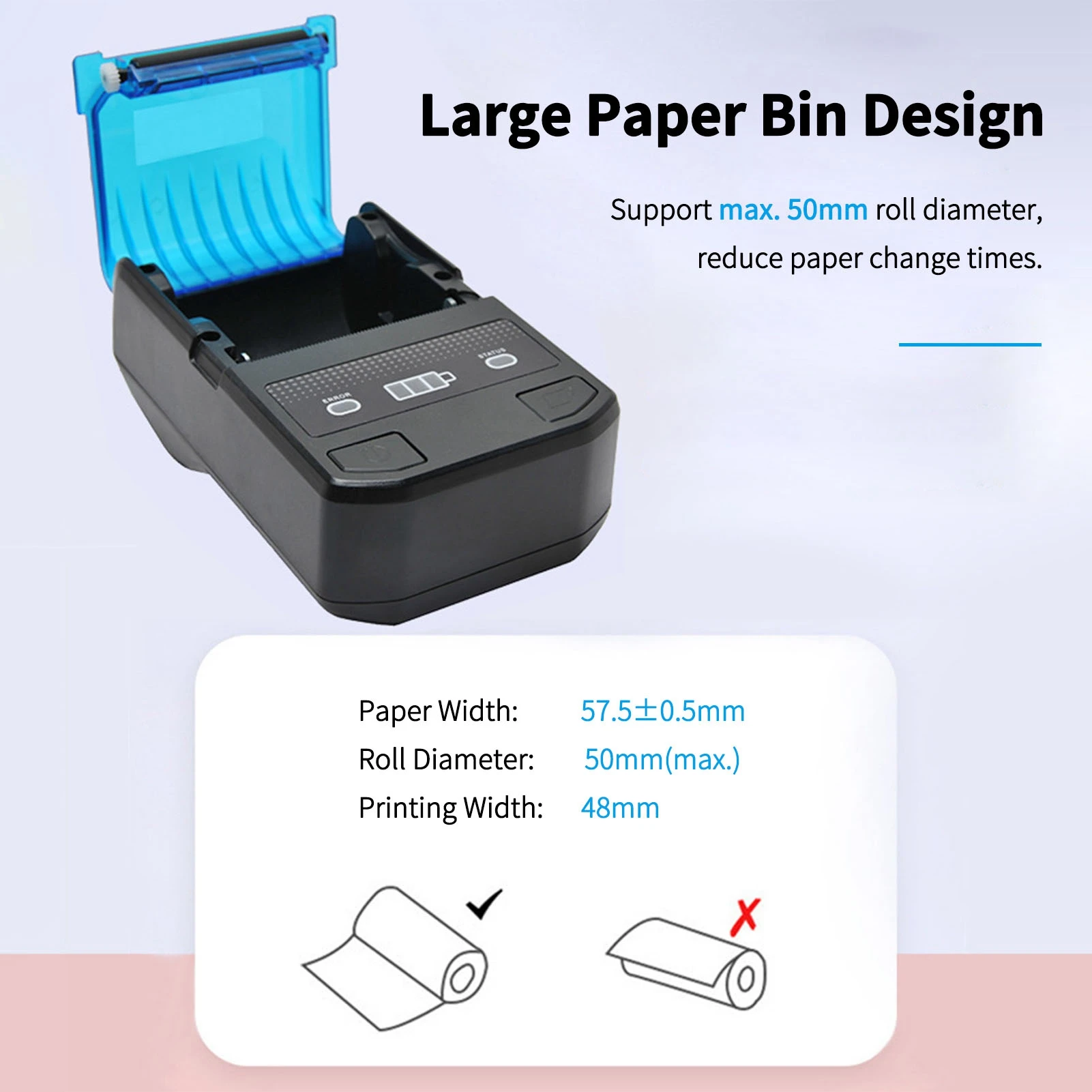 Portable 58mm Thermal Receipt Printer Wireless BT Mini Bill Ticket POS Mobile Printer with Rechargeable Battery Support ESC/POS