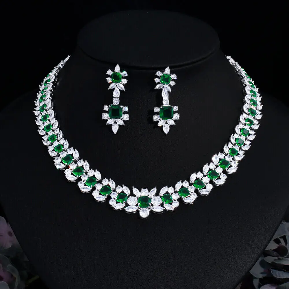 

Silver Plated Green CZ Long Leaf Square Wedding Necklace Earrings Jewelry Set