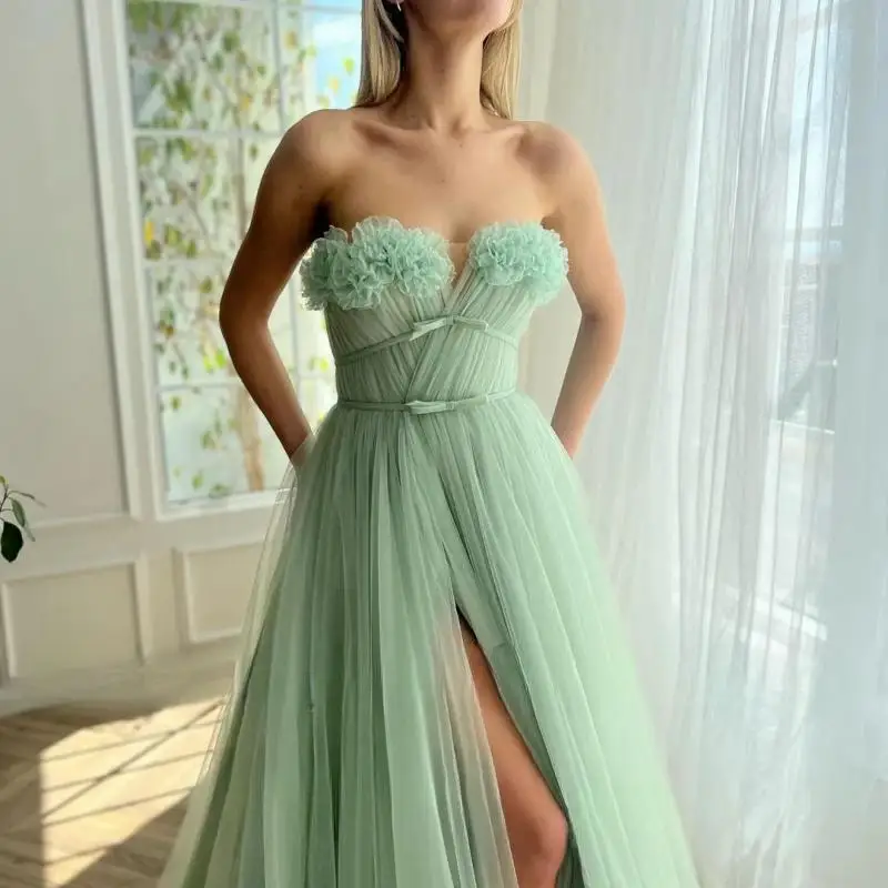 

Sage Green Tulle Prom Dresses Sleeveless Strapless High Side Split A-Line Evening Gowns Wedding Party Dress 2024