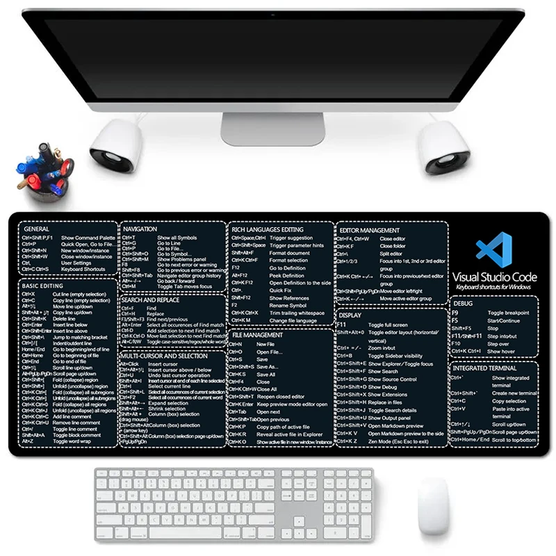 VS Code Shortcuts XXL Mouse Pad Large Desk Mat Computer Accessories Keyboard Pad With Non-Slip Rubber Base Stitched Edge Deskpad