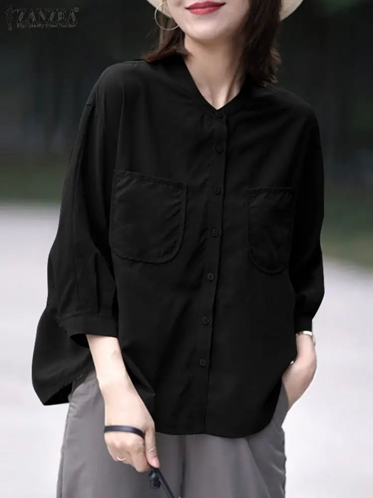 

Винтажная однотонная женская рубашка ZANZEA, модные женские топы-туника, блузка с рукавом 3/4 и воротником с отворотом, Повседневная Блузка с карманами, большие размеры