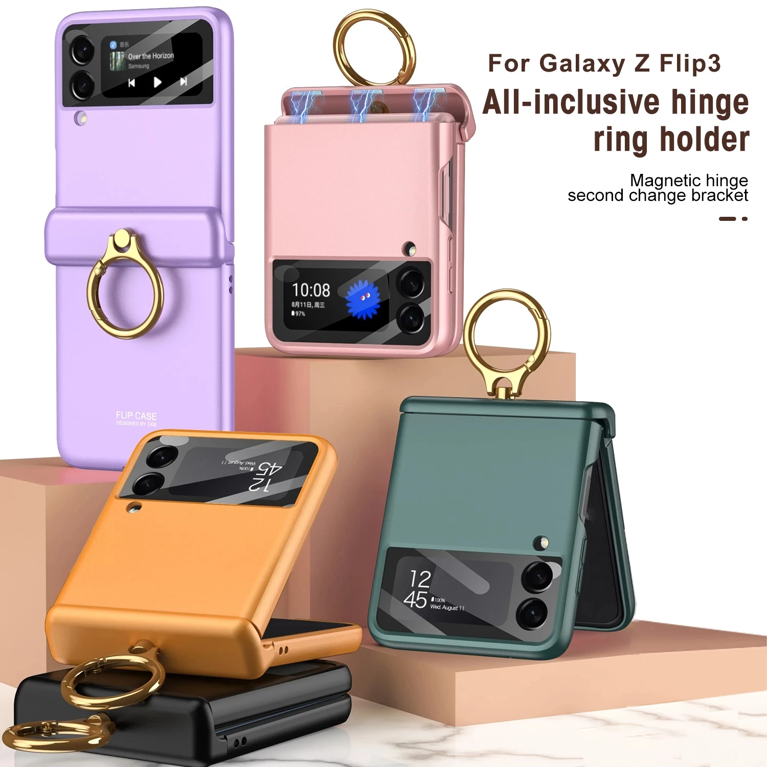 New Ring Holder PC Hard Case For Samsung Galaxy Z Flip 3 5G Phone Case Magnetic Hinge Stand Protective Film thin funda for flip3 galaxy flip3 case