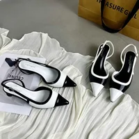 Designer Black White Mixed Color Low Heeled Sandals Women Sexy Pointed Toe Slingbacks Chunky High Heels for Women Elegant Heels - Image 5